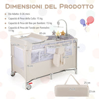 Lettino per bambini con materasso fasciatoio carillon e 3 giocattoli appesi, Box multiuso 5 in 1 Beige-Culle