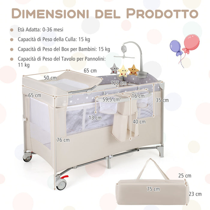 Lettino per bambini con materasso fasciatoio carillon e 3 giocattoli appesi, Box multiuso 5 in 1 Beige-Culle