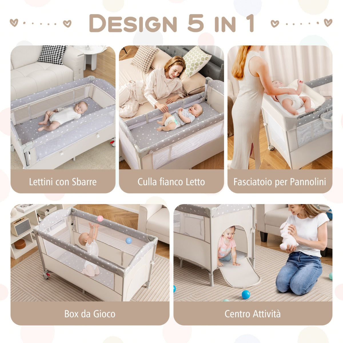 Lettino per bambini con materasso fasciatoio carillon e 3 giocattoli appesi, Box multiuso 5 in 1 Beige-Culle