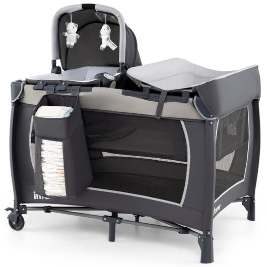 Lettino pieghevole con fasciatoio materasso con cestino e borsa da trasporto, Centro attivit¨¤ per bambini 5 in 1 Grigio-Culle