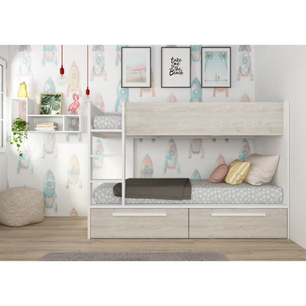 Letto a castello bianco consumato e bianco con cassettoni estraibili