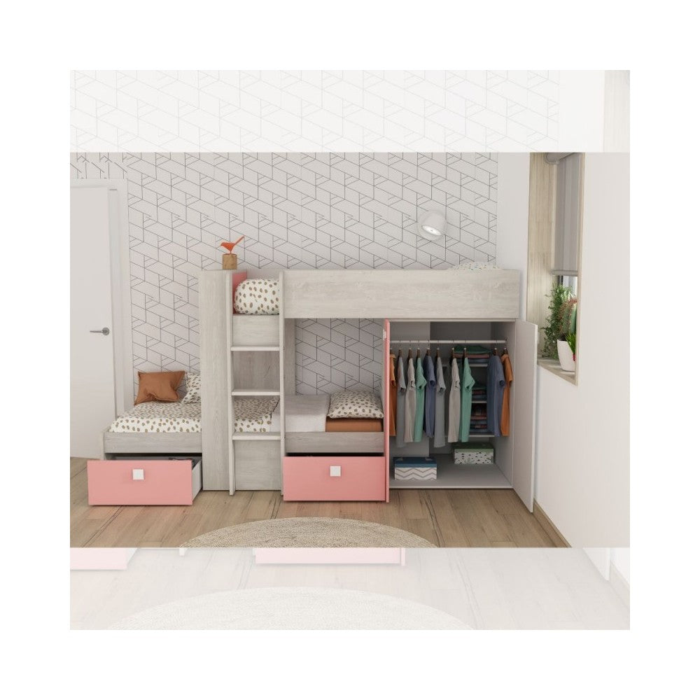 Letto a castello bianco consumato e rosa flamingo con armadio e cassetti 1267