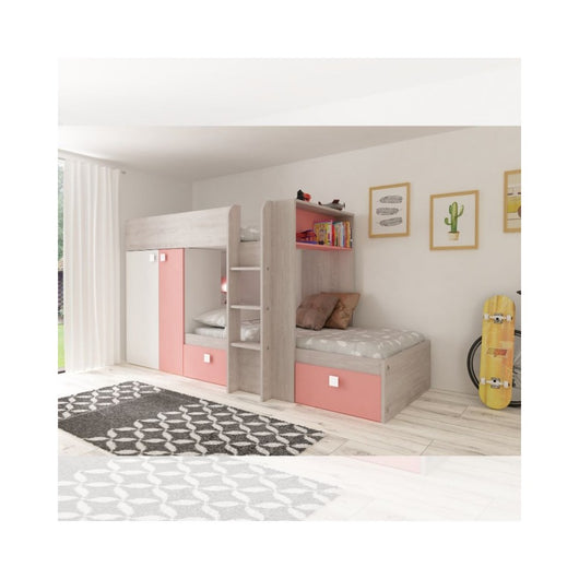 Letto a castello bianco consumato e rosa flamingo con armadio e cassetti 1267