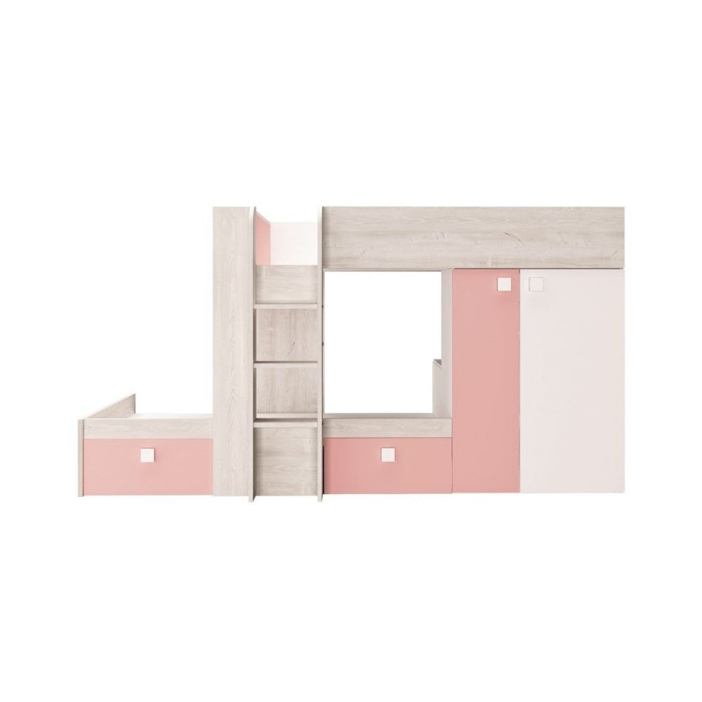 Letto a castello bianco consumato e rosa flamingo con armadio e cassetti 1267