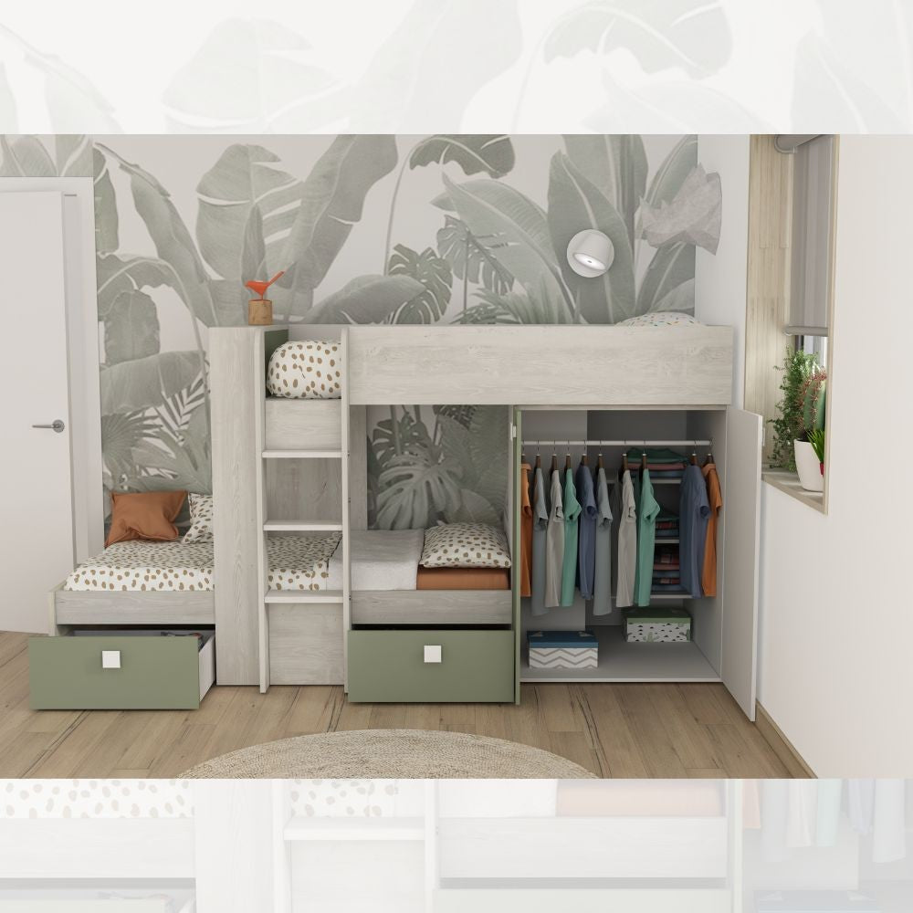 Letto a castello bianco vintage e verde con armadio e cassetti 1268