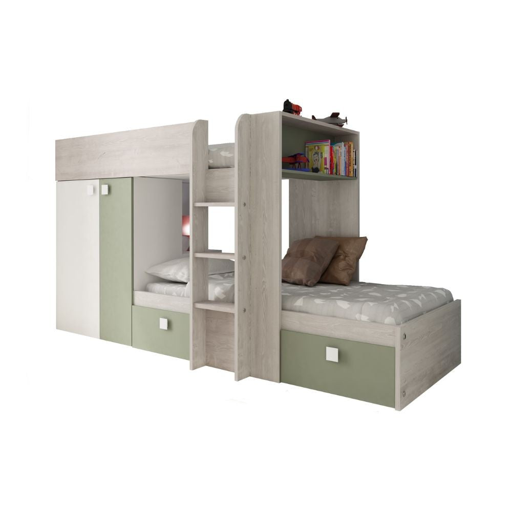 Letto a castello bianco vintage e verde con armadio e cassetti 1268