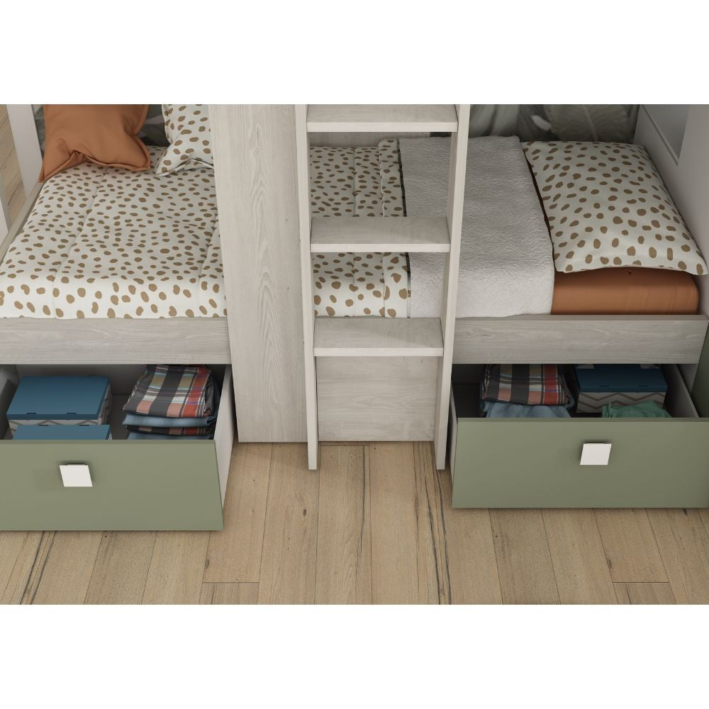 Letto a castello bianco vintage e verde con armadio e cassetti 1268