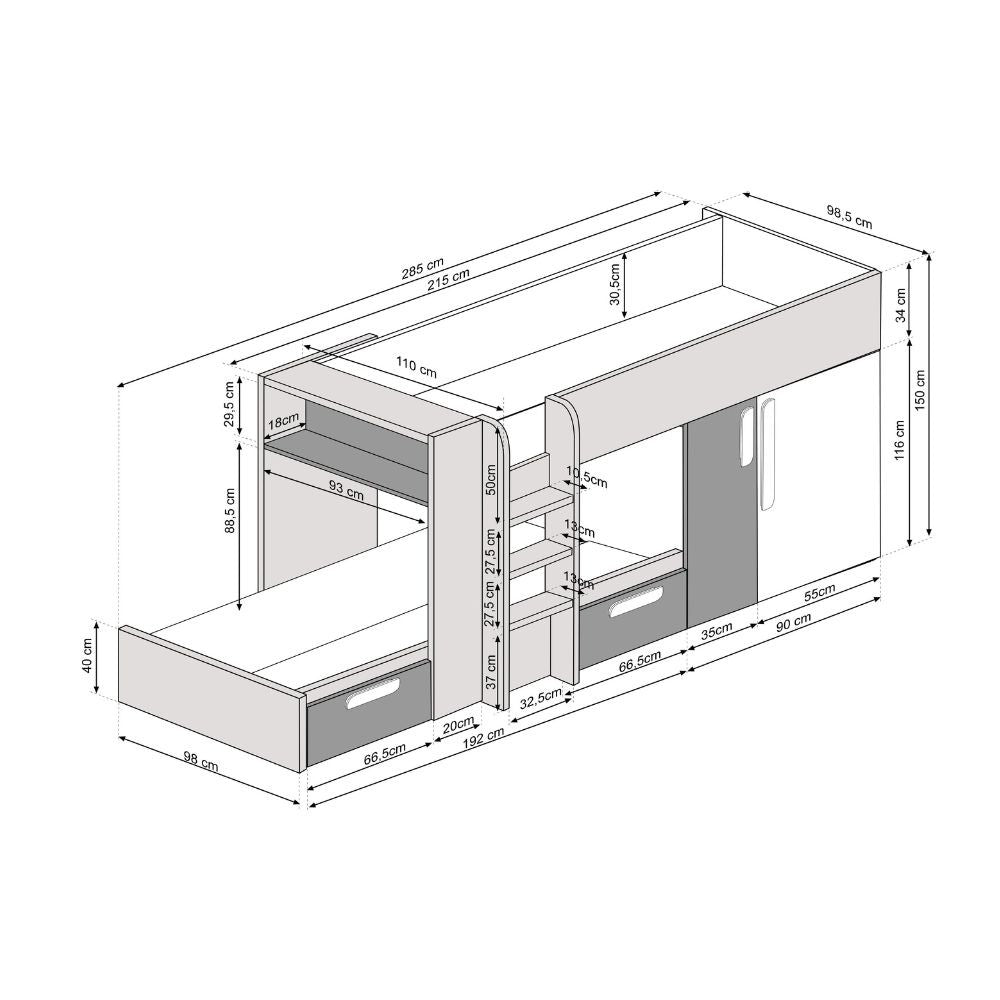 Letto a castello bianco vintage e verde con armadio e cassetti 1268