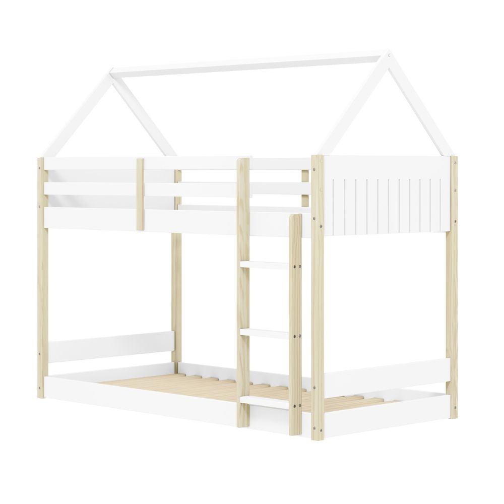 Letto a castello Montessori a forma di casetta in legno bianco – Due sogni sotto un unico tetto, con stile e funzionalità