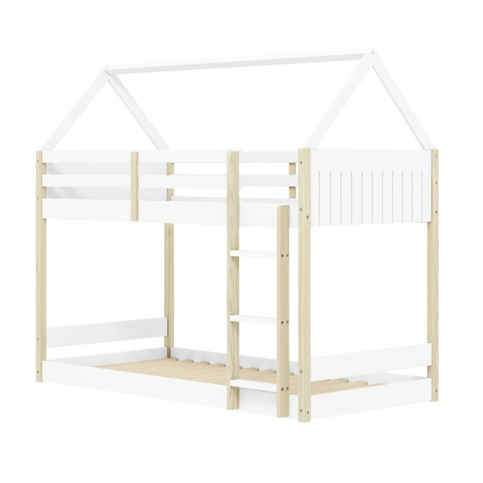 Letto a castello Montessori a forma di casetta in legno bianco – Due sogni sotto un unico tetto, con stile e funzionalità