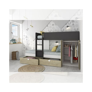 Letto a castello rovere e antracite con armadio 2 ante e cassetti