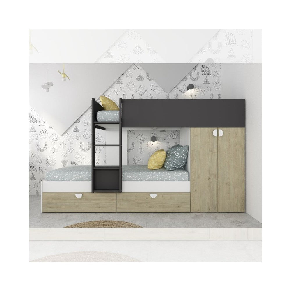 Letto a castello rovere e antracite con armadio 2 ante e cassetti