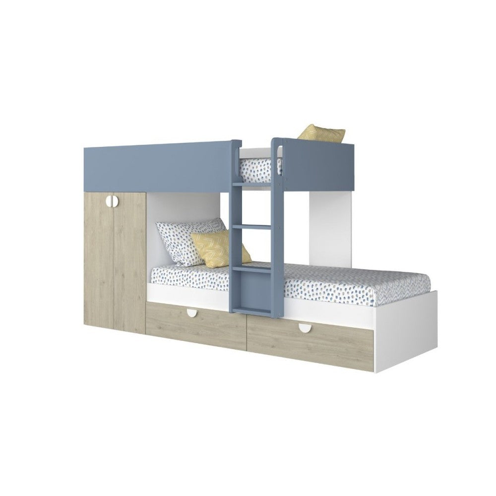Letto a castello rovere e azzurro con armadio 2 ante e cassetti