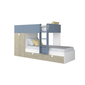 Letto a castello rovere e azzurro con armadio 2 ante e cassetti