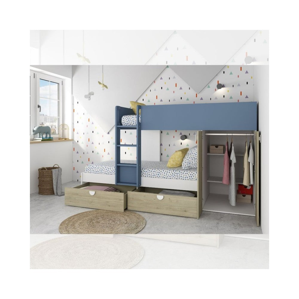 Letto a castello rovere e azzurro con armadio 2 ante e cassetti