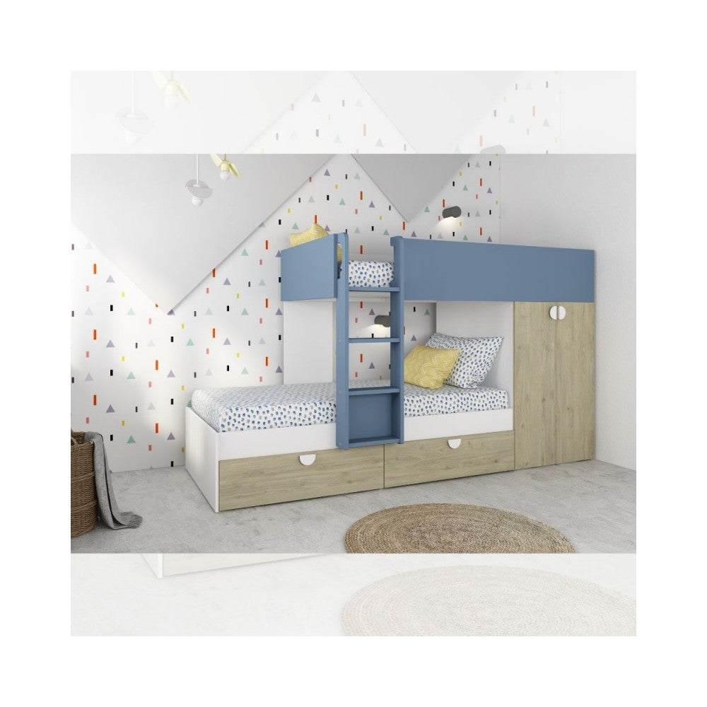 Letto a castello rovere e azzurro con armadio 2 ante e cassetti