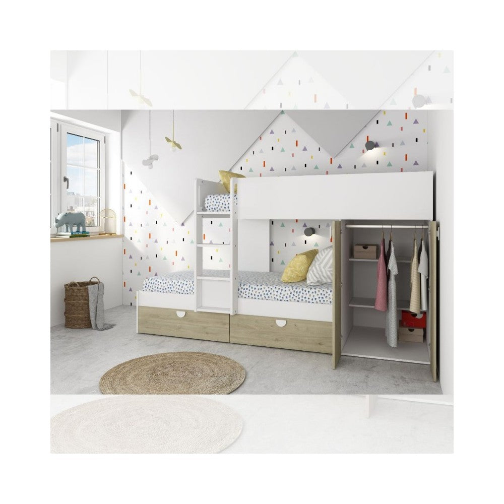 Letto a castello rovere e bianco con armadio 2 ante e cassetti