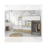 Letto a castello rovere e bianco con armadio 2 ante e cassetti