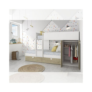 Letto a castello rovere e bianco con armadio 2 ante e cassetti