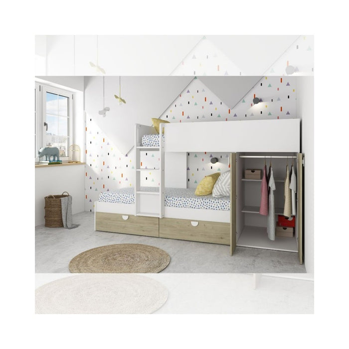 Letto a castello rovere e bianco con armadio 2 ante e cassetti