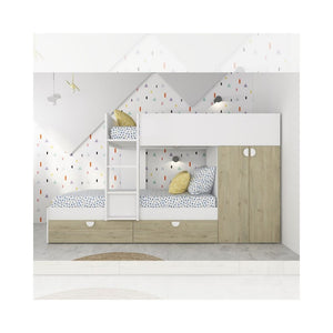 Letto a castello rovere e bianco con armadio 2 ante e cassetti