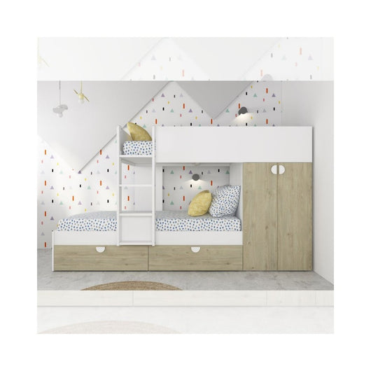 Letto a castello rovere e bianco con armadio 2 ante e cassetti