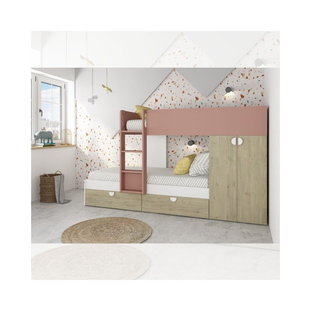 Letto a castello rovere e rosa antico con armadio 2 ante e cassetti