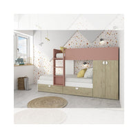 Letto a castello rovere e rosa antico con armadio 2 ante e cassetti