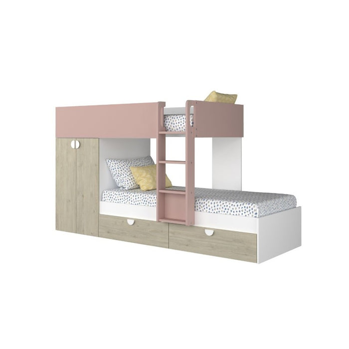 Letto a castello rovere e rosa antico con armadio 2 ante e cassetti