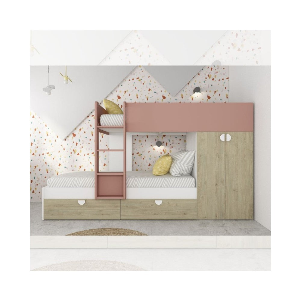 Letto a castello rovere e rosa antico con armadio 2 ante e cassetti