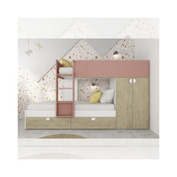 Letto a castello rovere e rosa antico con armadio 2 ante e cassetti