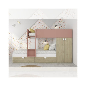 Letto a castello rovere e rosa antico con armadio 2 ante e cassetti