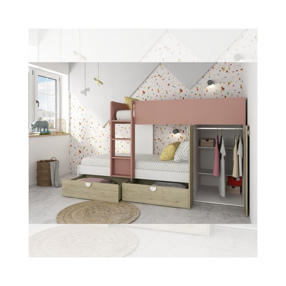 Letto a castello rovere e rosa antico con armadio 2 ante e cassetti