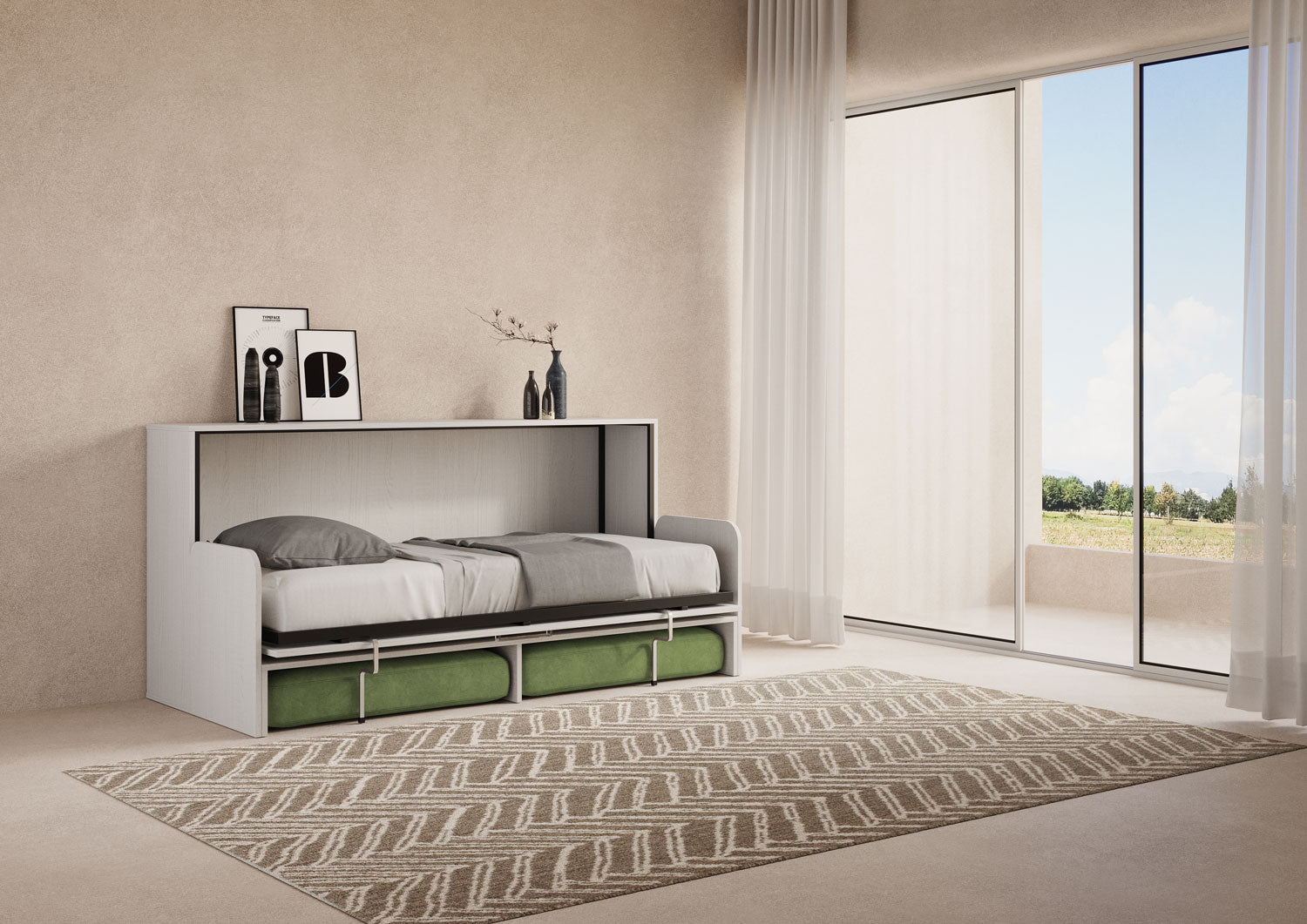 Letto singolo a scomparsa Kando con divano bianco frassino, verde