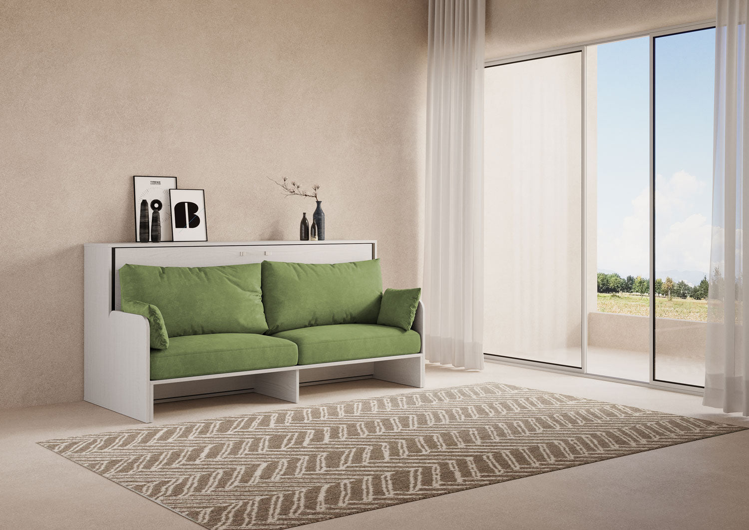 Letto singolo a scomparsa Kando con divano bianco frassino, verde