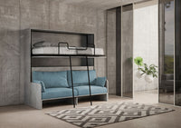 Letto doppio a scomparsa Kando con divano con materassi cemento, azzurro