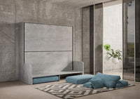 Letto doppio a scomparsa Kando con divano con materassi cemento, azzurro