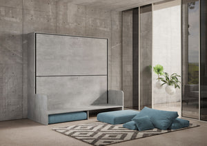 Letto doppio a scomparsa Kando con divano con materassi cemento, azzurro