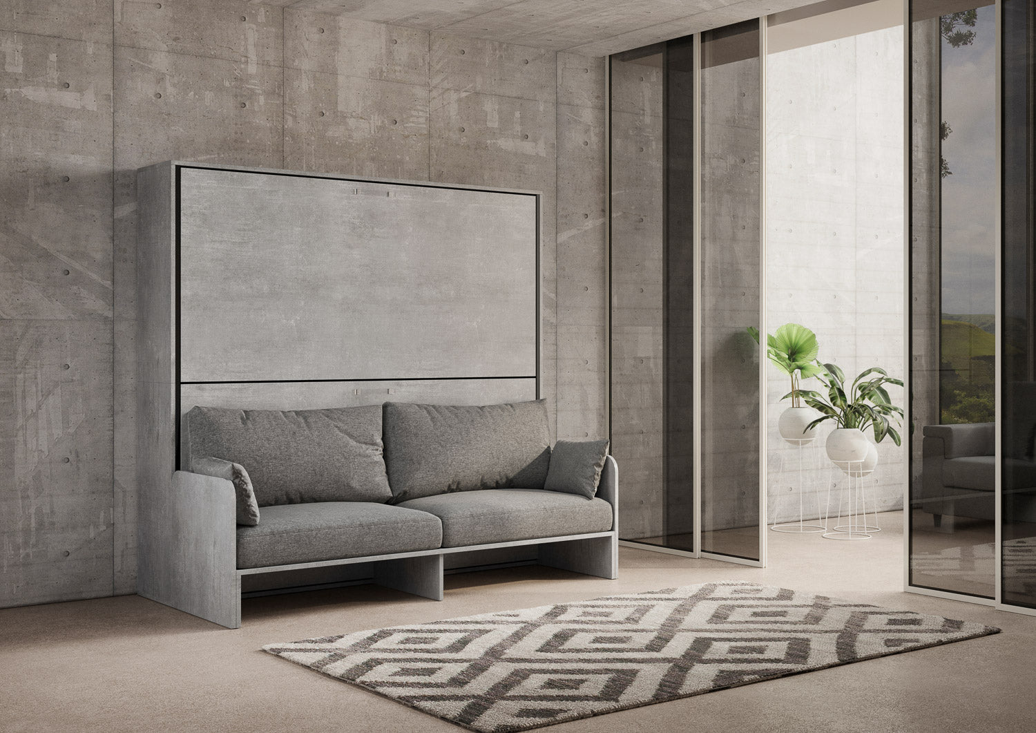 Letto doppio a scomparsa Kando con divano cemento, grigio