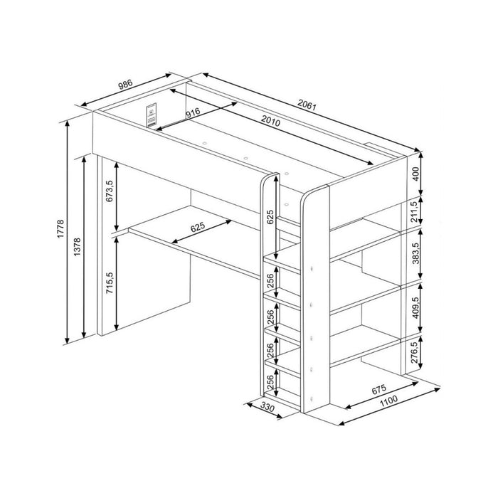 Letto a soppalco azzurro e bianco con scrivania 2276