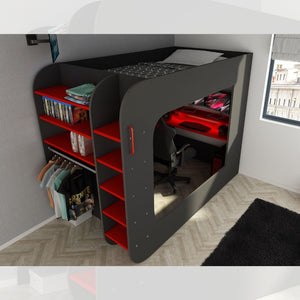 Letto a soppalco con postazione gamer colore antracite rosso 5000