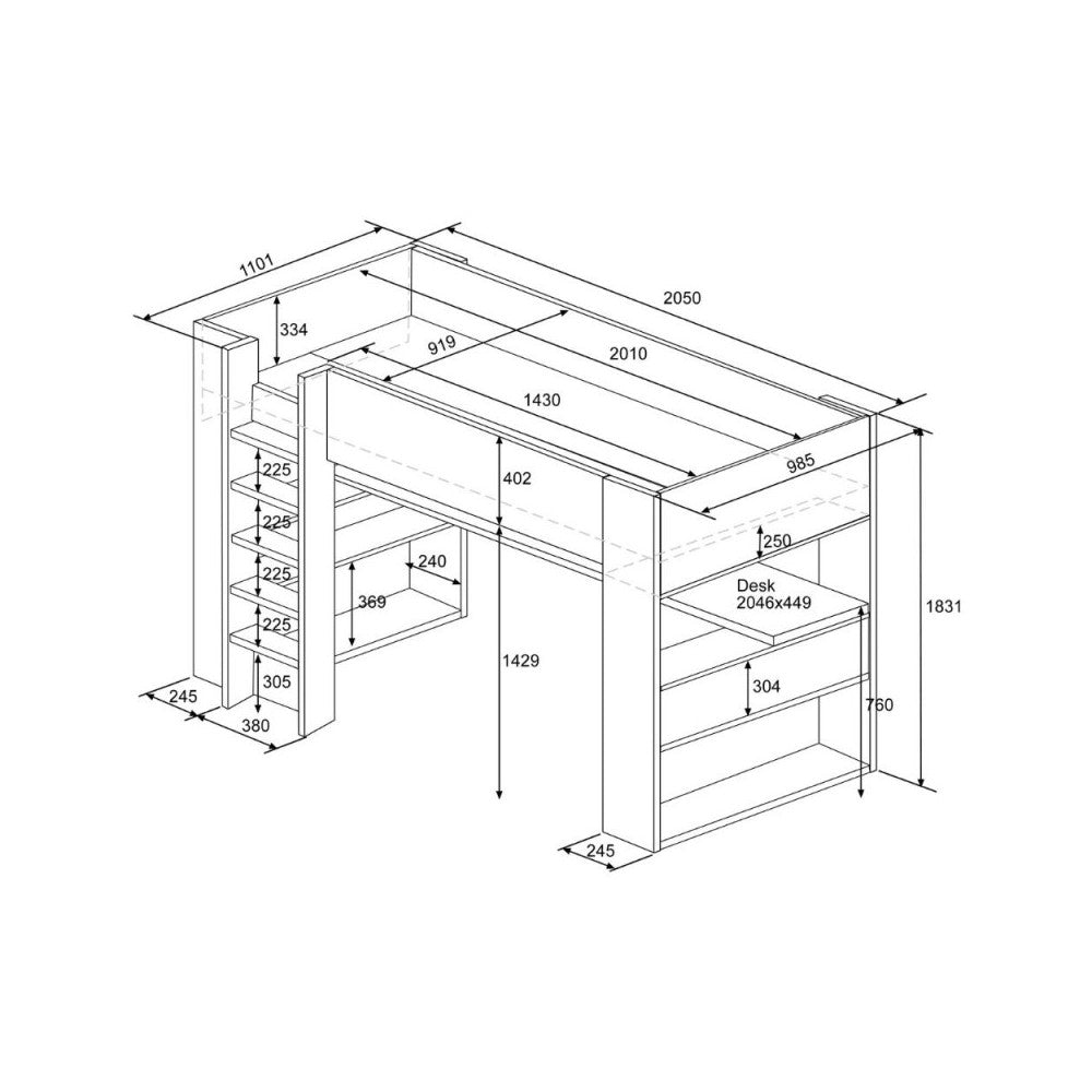 Letto a soppalco rovere e bianco con scrivania 1652