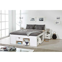 Letto con vani contenitore e comodino con ruote incluse