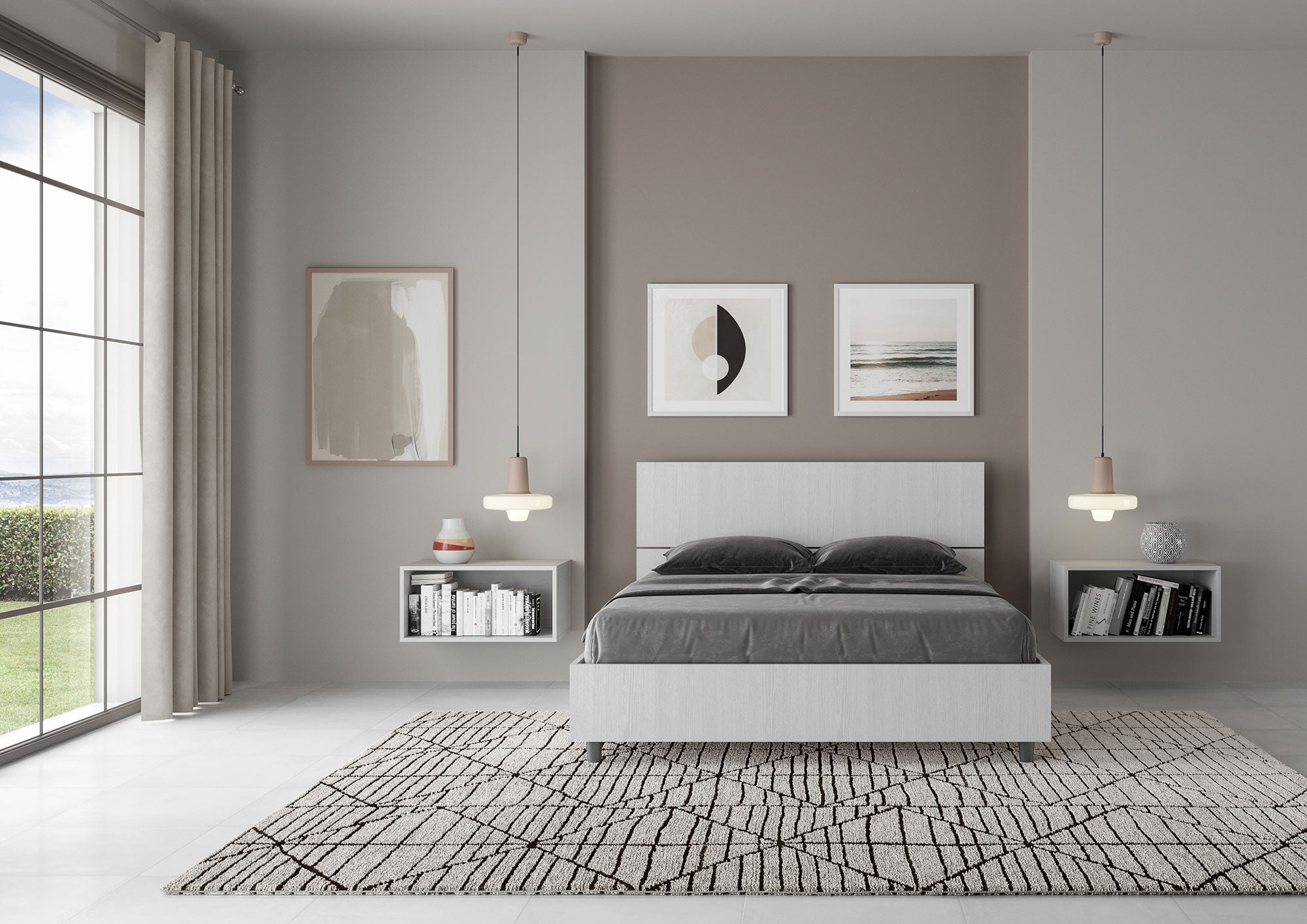 Letto Matrimoniale Francese 140x190 cm con Rete e Contenitore Demas Testata Inclinata Bianco Frassino