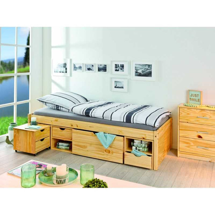 Letto Inter Link con contenitori e comodino con ruote Dim. 96x209x47,5h