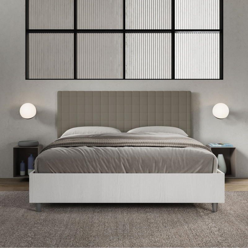 Letto Matrimoniale 160x190 cm struttura bianco frassino testata Burmy - Similpelle,Cappuccino,Contenitore