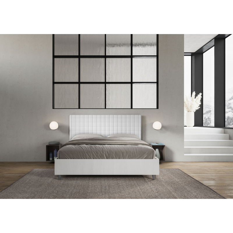 Letto Matrimoniale 160x200 cm struttura bianco frassino testata Burmy - Bianco,Similpelle,Contenitore