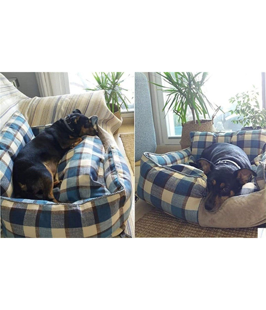 Letto Per Cani Traspirante Cotone Lavabile Divano Taglia Xl 76x71cm Griglia Blu         