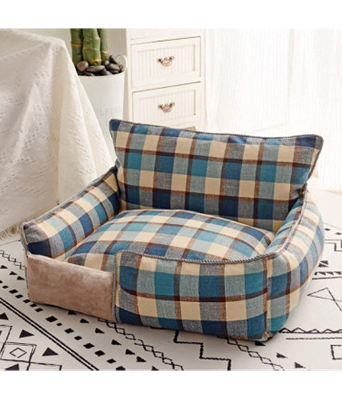Letto Per Cani Traspirante Cotone Lavabile Divano Taglia Xl 76x71cm Griglia Blu         