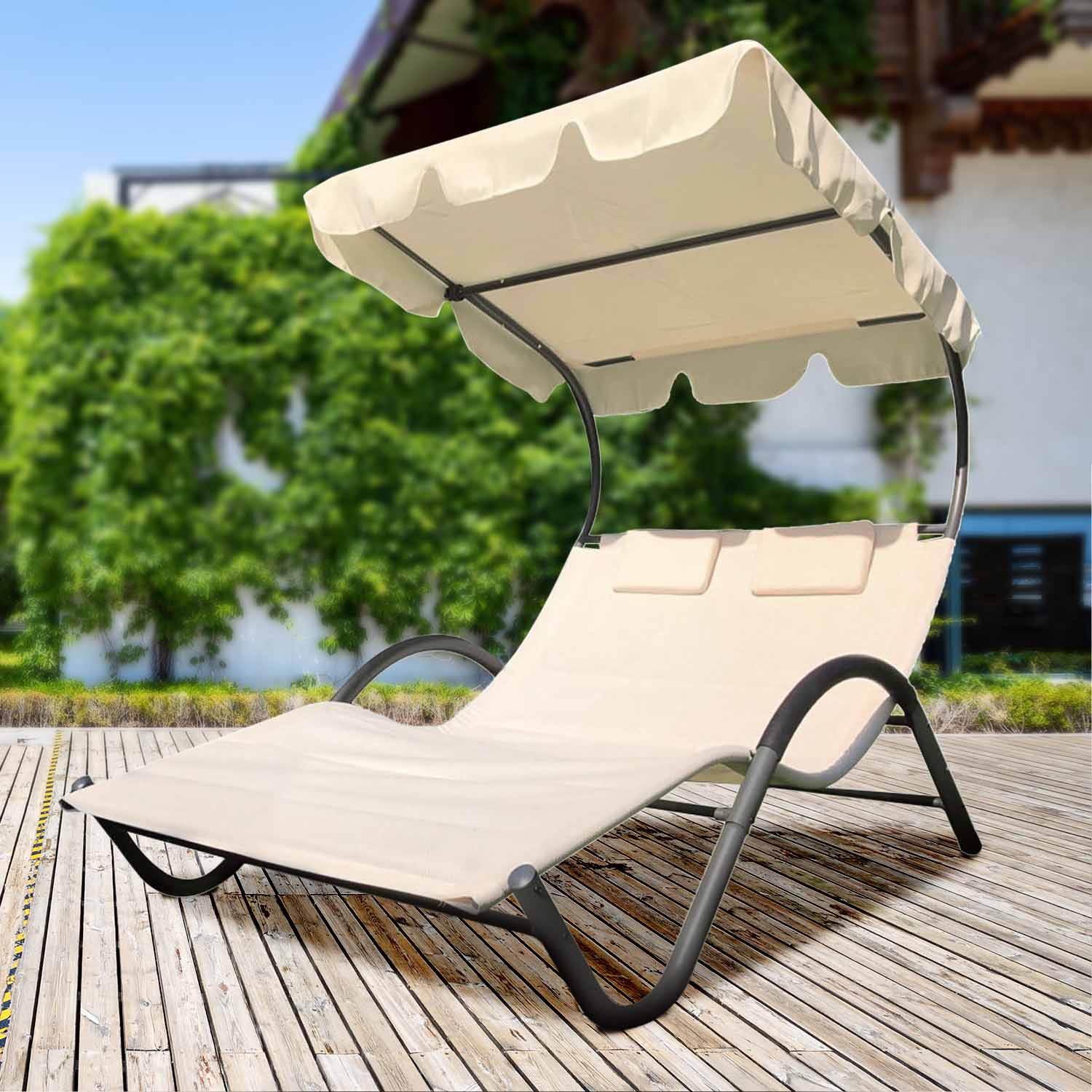 Garden Sun - Lettino prendisole matrimoniale in acciaio e textilene con tettuccio parasole orientabile. Lettino da giardino 2 posti extra large 205x138x150 cm.